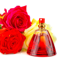 Obraz na płótnie Canvas Bunch of roses and a bottle of perfume isolated on white
