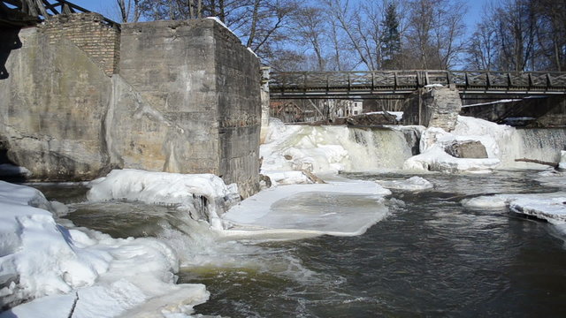 river waterfall cascade retro bridge frozen ice icicles winter