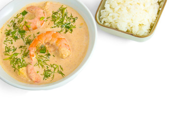 shrimp soup rice plate isolated on white background