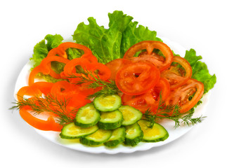 tomatoes cucumbers sliced​​ salad plate isolated on white ba