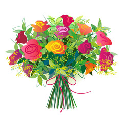 Bouquet of fresh roses tied with a ribbon. Isolated
