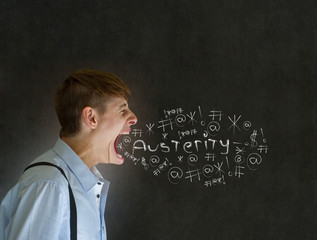 Angry man shouting at chalk austerity financial crisis