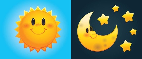 Fototapeta premium Day and Night: Cute cartoon sun and moon with stars