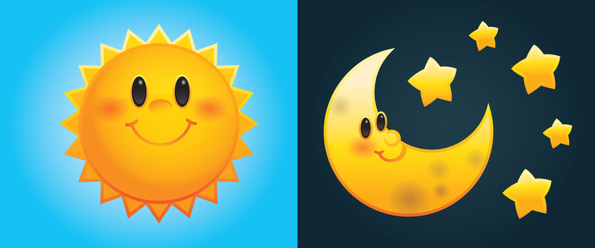 Day and Night: Cute cartoon sun and moon with stars