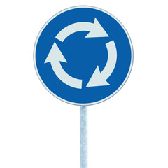 Roundabout crossroad road traffic sign isolated blue white arrow