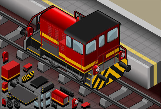 Isometric Red Train in Rear View
