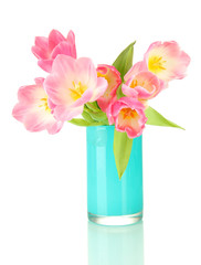 Pink tulips in bright vase, isolated on white
