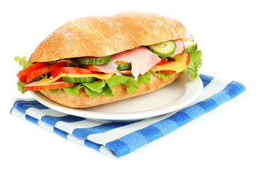 Fresh and tasty sandwich with ham and vegetables isolated