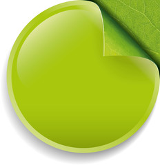 Round vector button with green leaf corner