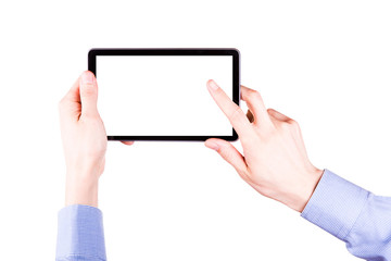 Male hand holding a tablet PC with space for you text