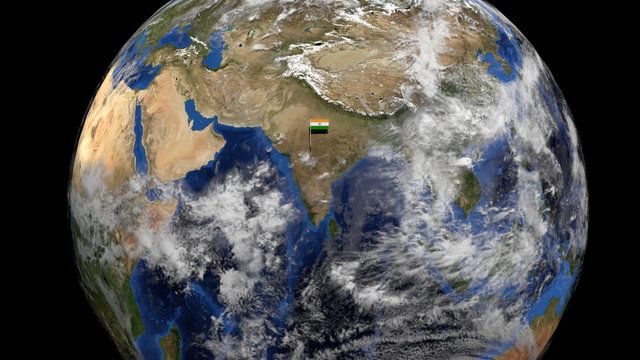 Indian flag on pole on earth globe animation