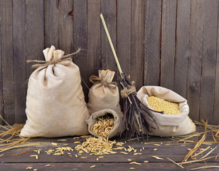 Burlap bags with broom