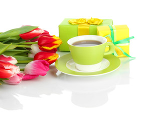 Fototapeta na wymiar Beautiful tulips in bucket with gifts and cup of tea isolated