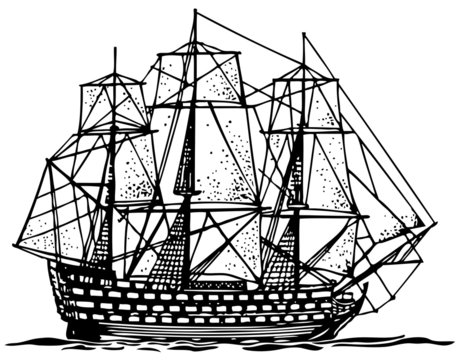 black and white sailing ship on the water clip art preview
