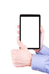 Male hand holding a tablet PC with space for you text