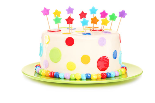 Colorful birthday cake with decorations Stock Photo | Adobe Stock