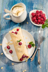 Pancakes with raspberry and whipped Cream
