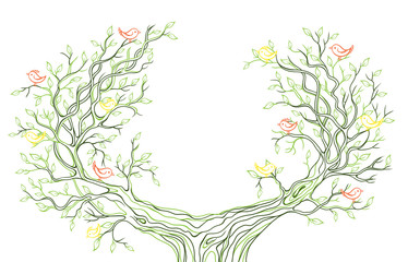 Vector background with green tree branches with birds