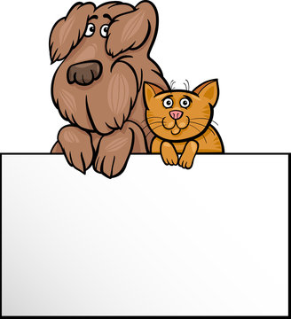 Cat And Dog With Card Cartoon Design