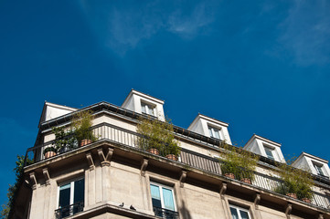 immeuble parisien en coin avec balcons verts
