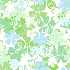 Vector seamless pattern with white, blue and green flowers.