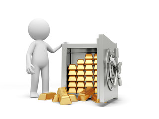 A 3d man standing at a full gold bars safe