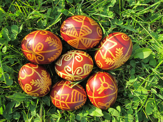 Easter eggs on green grass
