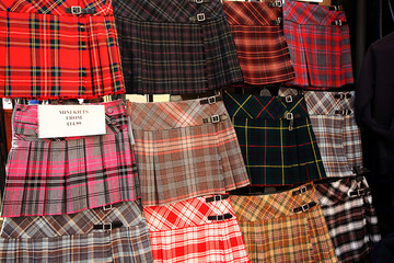 Scottish kilts on display outside the shop