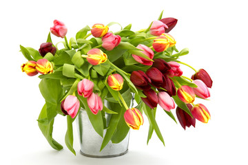 colourful tulips in a bucket