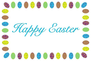 Happy Easter greeting card with text and frame made of decorative dyed eggs vector illustration