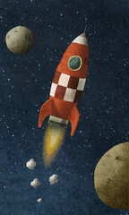 Ingelijste posters rode raket vliegt door de ruimte © JrCasas