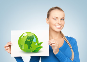 woman with illustration of green eco globe