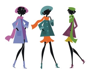 Три силуэта девушек в  ретро костюмах