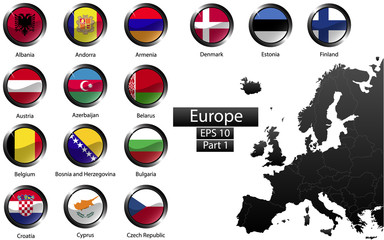 Glossy metal flag buttons, European countries, part 1