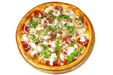 Pizza with salami, bacon, pork, chicken,  on wooden stand.