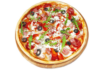 Pizza with pepperoni, salami, olives, bacon on wooden stand.