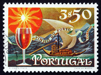 Obraz premium Postage stamp Portugal 1970 Glass of Wine and Barge with Barrels
