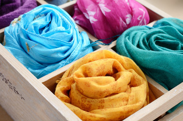 Set of colorful scarves in vintage wooden box - 50834797