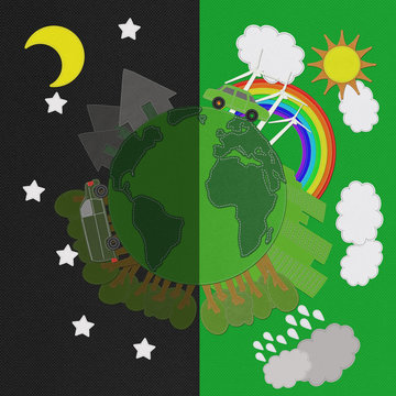 Ecology day and night concept with stitch style on fabric backgr