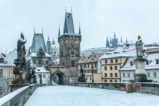 Snow Covered Charles Bridge In Prague