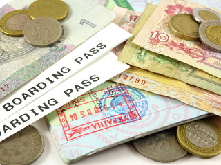 Visas, passports, passport stamps, foreign currency and coins