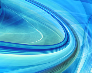 Abstract technology background of blue curved shapes in dynamic motion, fiber optics light trails