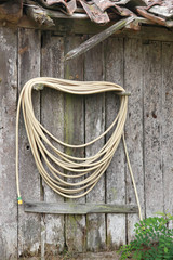 Fototapeta na wymiar Wąż dołączone do drewnianej chaty