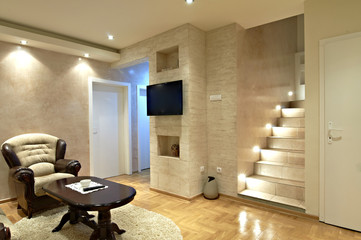 living room interior with stairs