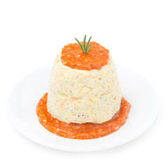 mousse of chicken with pumpkin, green and red pepper sauce