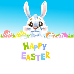 Happy Easter Bunny holding banner.