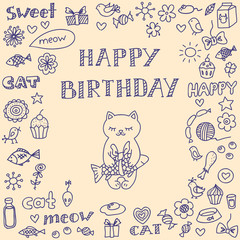 Doodle birthday card with cute cat