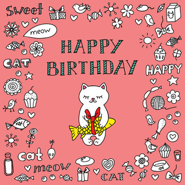 Pink Birthday Card With Cute White Cat