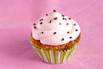Cupcake with pink cream swirl and chocolate sprinkles