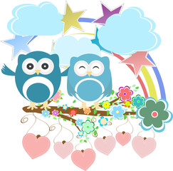 set - owls, birds, flowers, sky, cloud